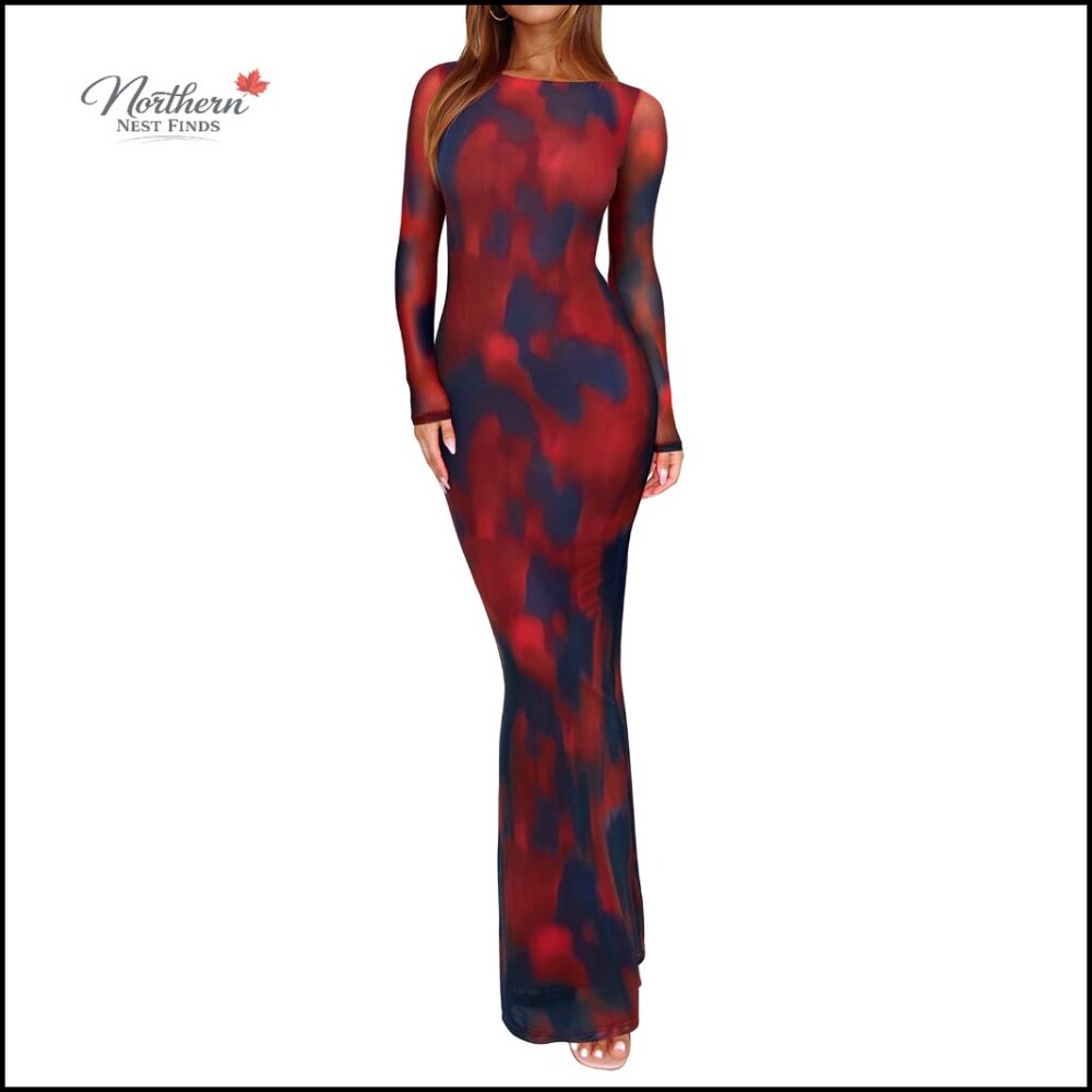 Sheer Mesh Long Sleeve Maxi Dress Formal Evening Bodycon Floral